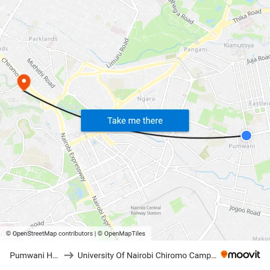 Pumwani Hos to University Of Nairobi Chiromo Campus map
