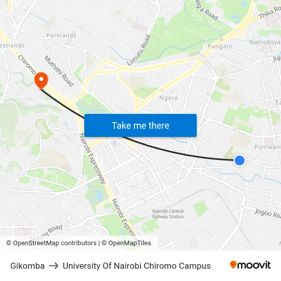 Gikomba to University Of Nairobi Chiromo Campus map
