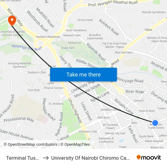 Terminal Tusker to University Of Nairobi Chiromo Campus map