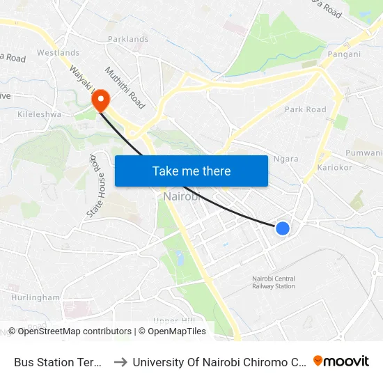 Bus Station Terminal to University Of Nairobi Chiromo Campus map
