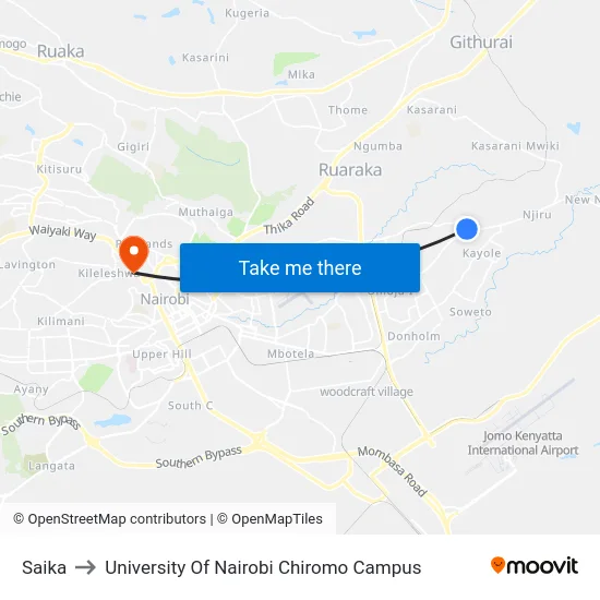 Saika to University Of Nairobi Chiromo Campus map