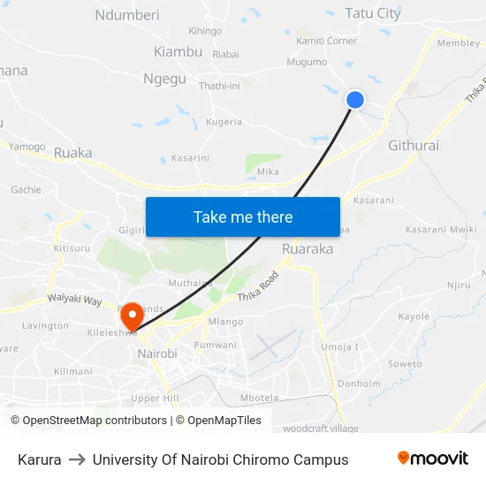Karura to University Of Nairobi Chiromo Campus map