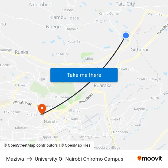 Maziwa to University Of Nairobi Chiromo Campus map