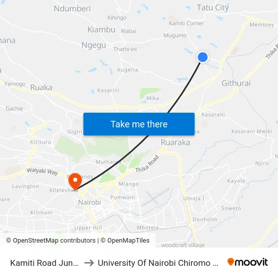 Kamiti Road Junction to University Of Nairobi Chiromo Campus map