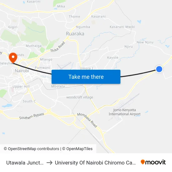 Utawala Junction to University Of Nairobi Chiromo Campus map