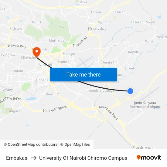 Embakasi to University Of Nairobi Chiromo Campus map