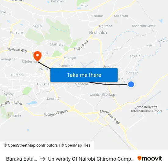 Baraka Estate to University Of Nairobi Chiromo Campus map