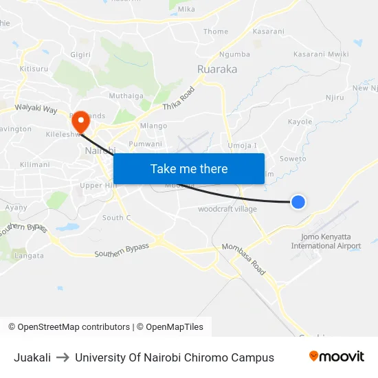 Juakali to University Of Nairobi Chiromo Campus map