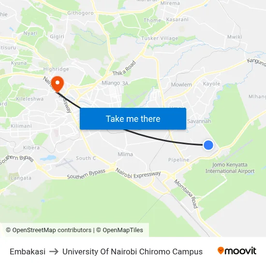 Embakasi to University Of Nairobi Chiromo Campus map