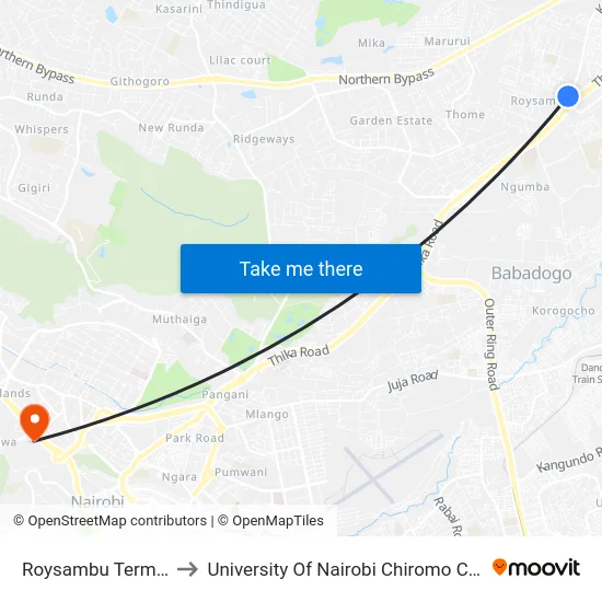 Roysambu Terminus to University Of Nairobi Chiromo Campus map