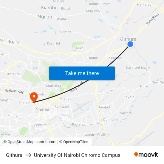 Githurai to University Of Nairobi Chiromo Campus map