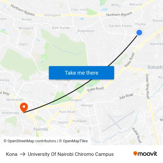 Kona to University Of Nairobi Chiromo Campus map
