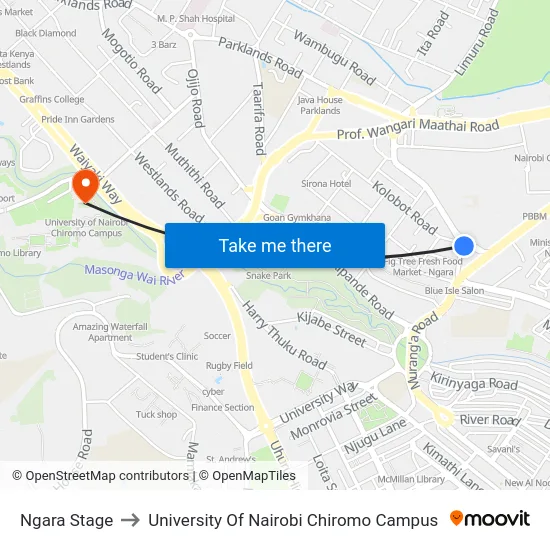 Ngara Stage to University Of Nairobi Chiromo Campus map