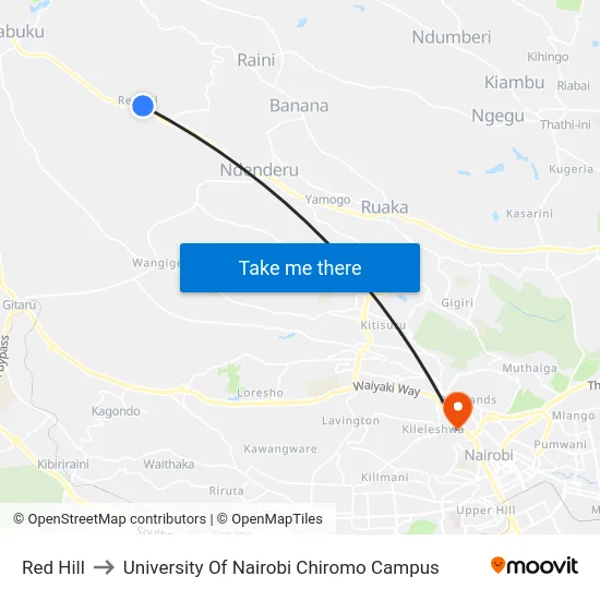 Red Hill to University Of Nairobi Chiromo Campus map