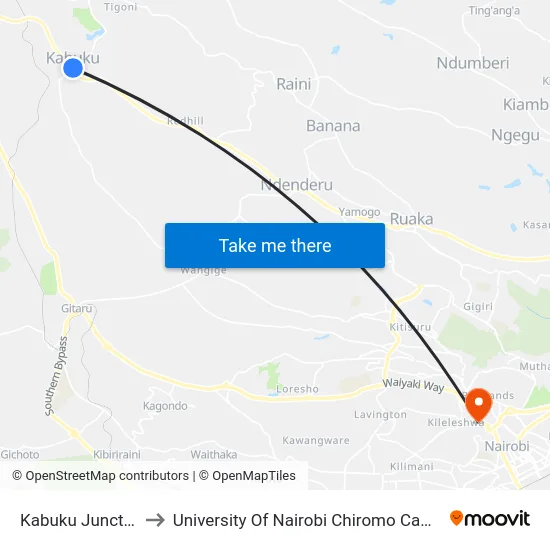 Kabuku Junction to University Of Nairobi Chiromo Campus map
