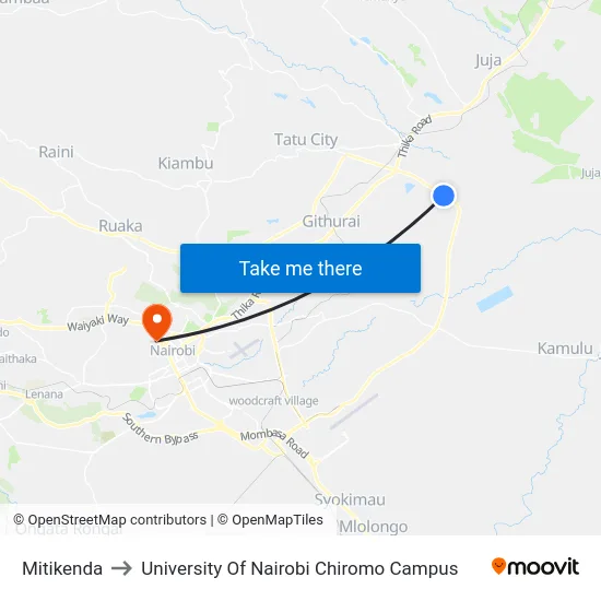 Mitikenda to University Of Nairobi Chiromo Campus map