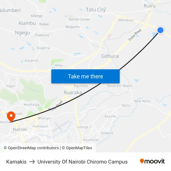 Kamakis to University Of Nairobi Chiromo Campus map