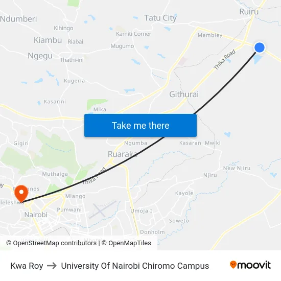 Kwa Roy to University Of Nairobi Chiromo Campus map