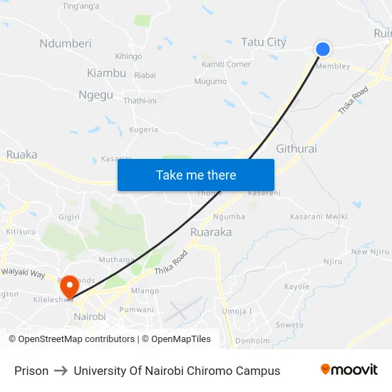 Prison to University Of Nairobi Chiromo Campus map