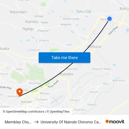 Membley Church to University Of Nairobi Chiromo Campus map