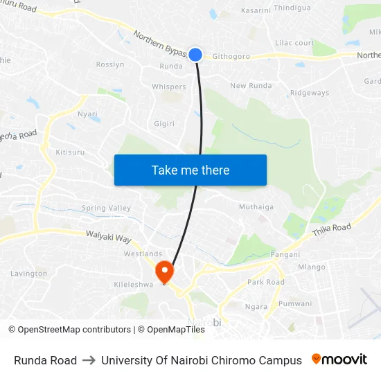 Runda Road to University Of Nairobi Chiromo Campus map