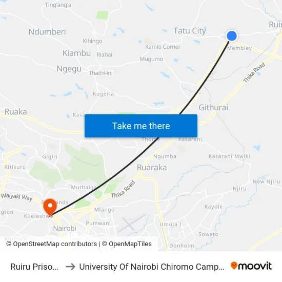 Ruiru Prisons to University Of Nairobi Chiromo Campus map