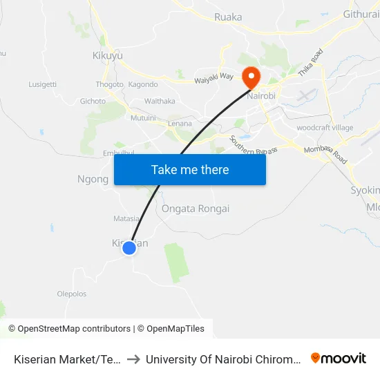 Kiserian Market/Terminus to University Of Nairobi Chiromo Campus map