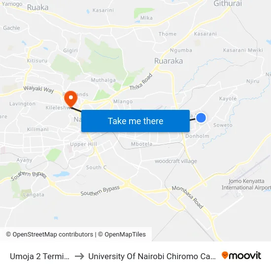 Umoja 2 Terminus to University Of Nairobi Chiromo Campus map