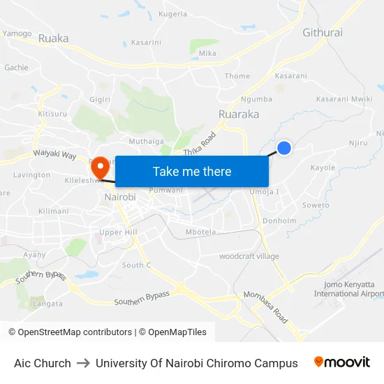 Aic Church to University Of Nairobi Chiromo Campus map