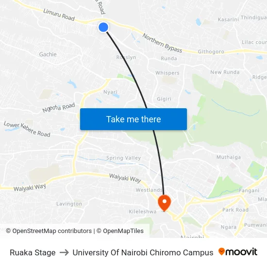 Ruaka Stage to University Of Nairobi Chiromo Campus map