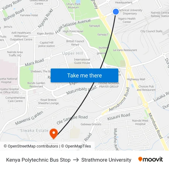 Kenya Polytechnic Bus Stop to Strathmore University map