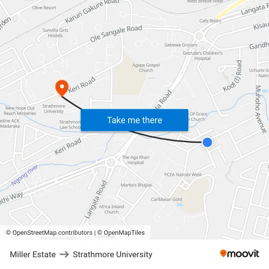 Miller Estate to Strathmore University map