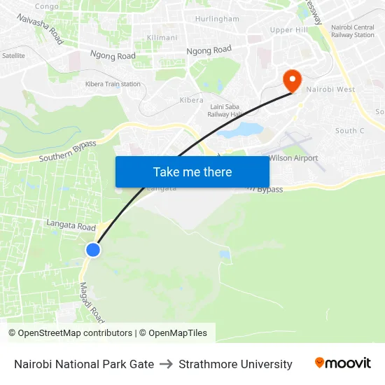Nairobi National Park Gate to Strathmore University map