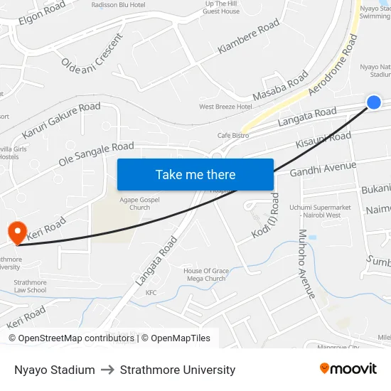 Nyayo Stadium to Strathmore University map