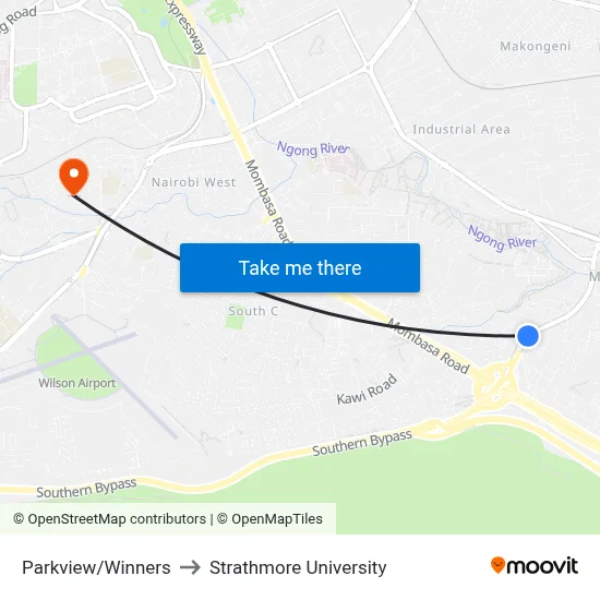 Parkview/Winners to Strathmore University map