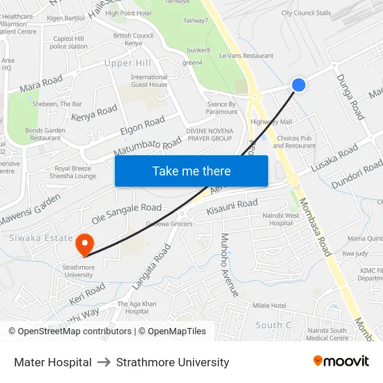 Mater Hospital to Strathmore University map