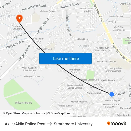 Akila/Akila Police Post to Strathmore University map