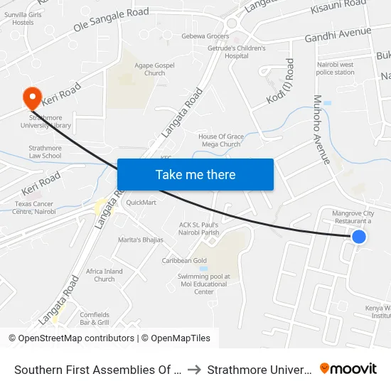 Southern First Assemblies Of God to Strathmore University map