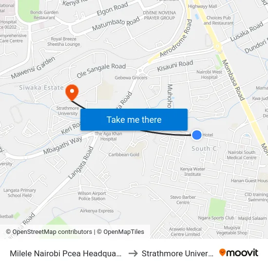 Milele Nairobi Pcea Headquarters to Strathmore University map