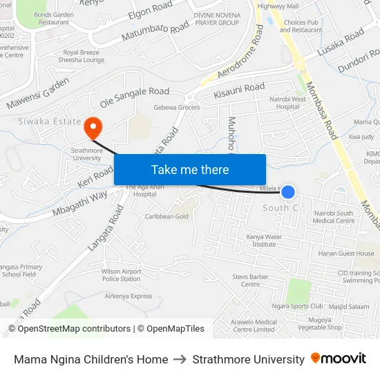 Mama Ngina Children's Home to Strathmore University map