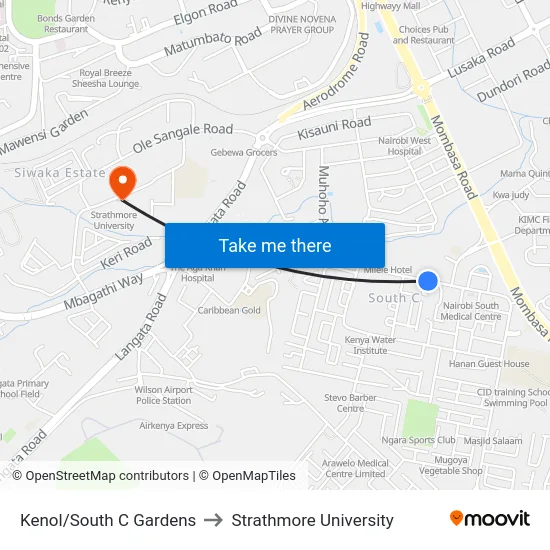 Kenol/South C Gardens to Strathmore University map