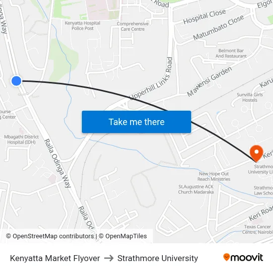 Kenyatta Market Flyover to Strathmore University map