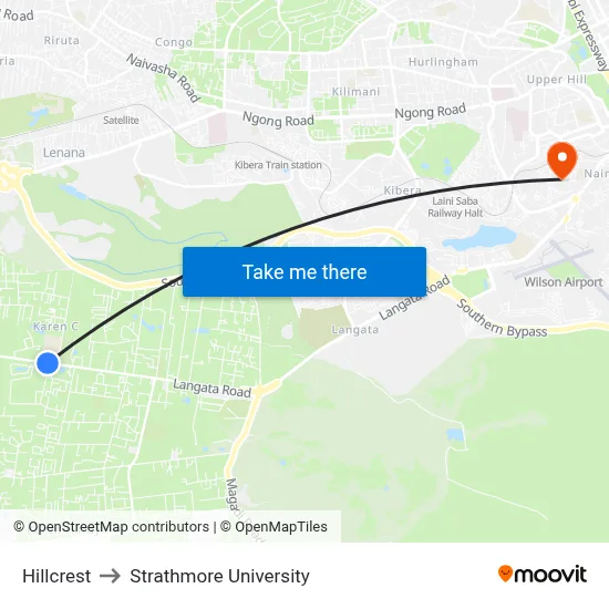 Hillcrest to Strathmore University map