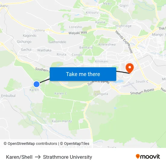 Karen/Shell to Strathmore University map