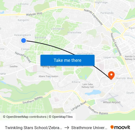 Twinkling Stars School/Zebra Bar to Strathmore University map
