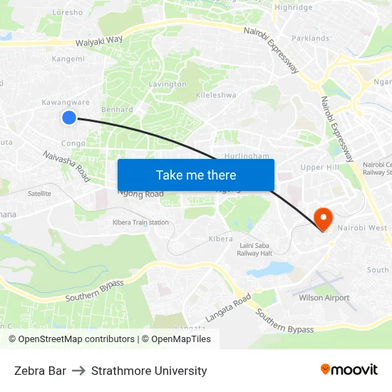 Zebra Bar to Strathmore University map