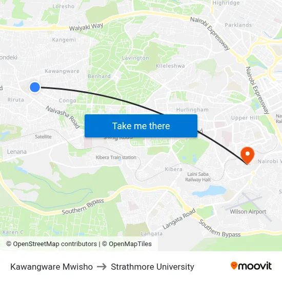 Kawangware Mwisho to Strathmore University map