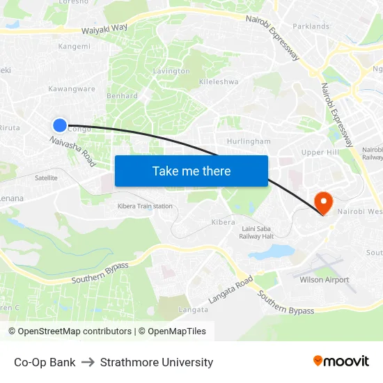 Co-Op Bank to Strathmore University map