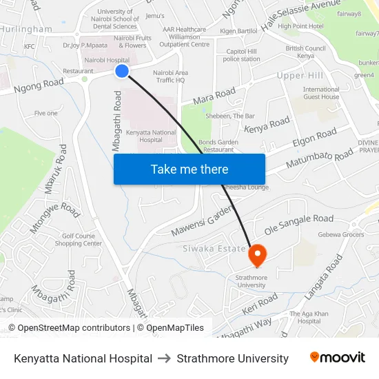 Kenyatta National Hospital to Strathmore University map