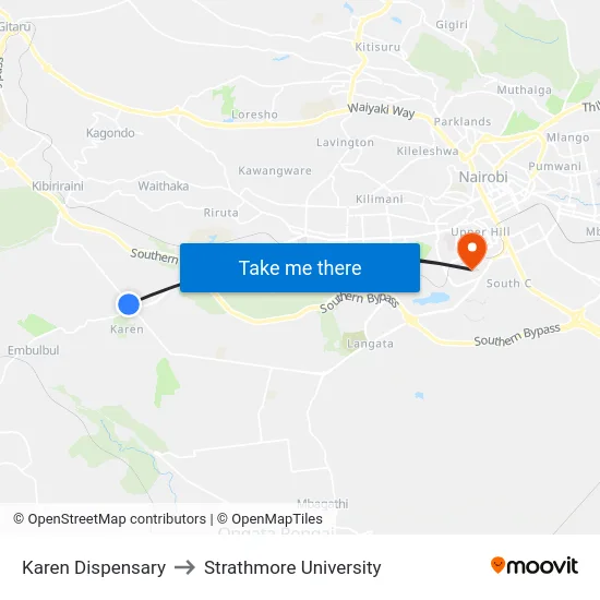 Karen Dispensary to Strathmore University map